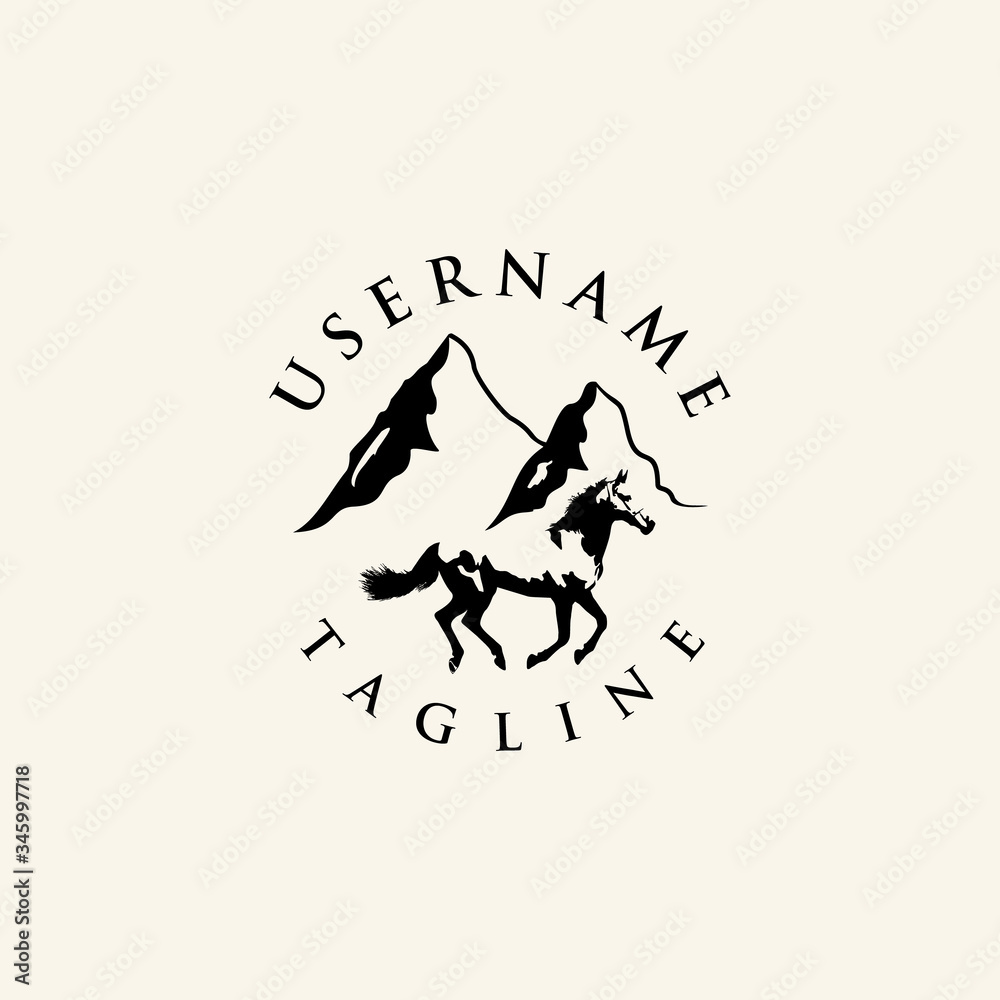 Logo of a horse farm in a vintage-style mountain area.