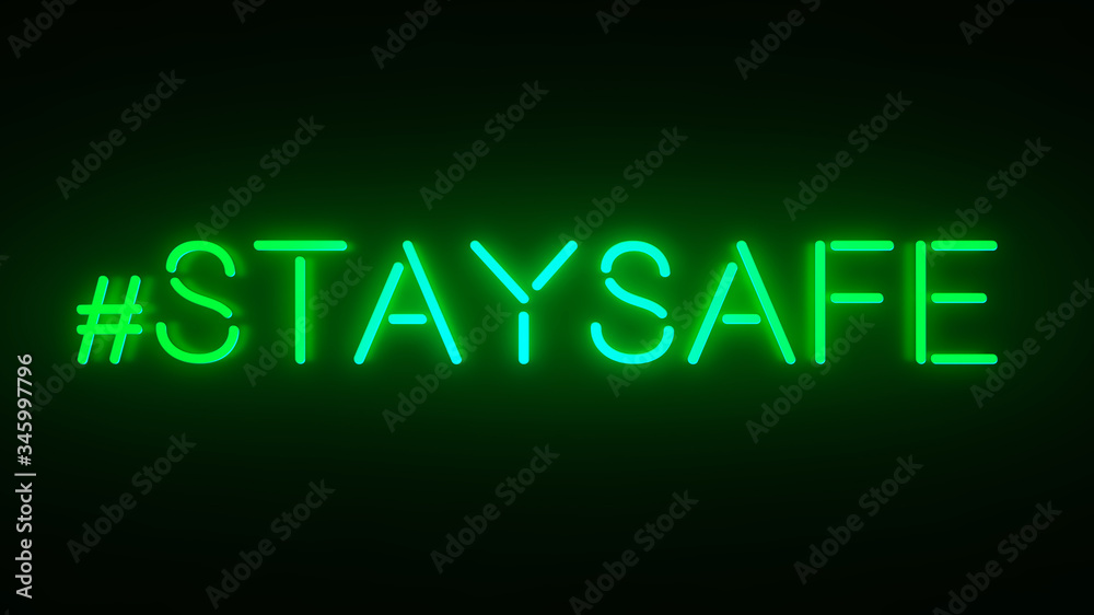 Fototapeta premium Green Hashtag STAY SAFE in neon style on black background for your design.