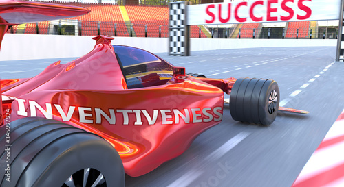 Inventiveness and success - pictured as word Inventiveness and a f1 car, to symbolize that Inventiveness can help achieving success and prosperity in life and business, 3d illustration