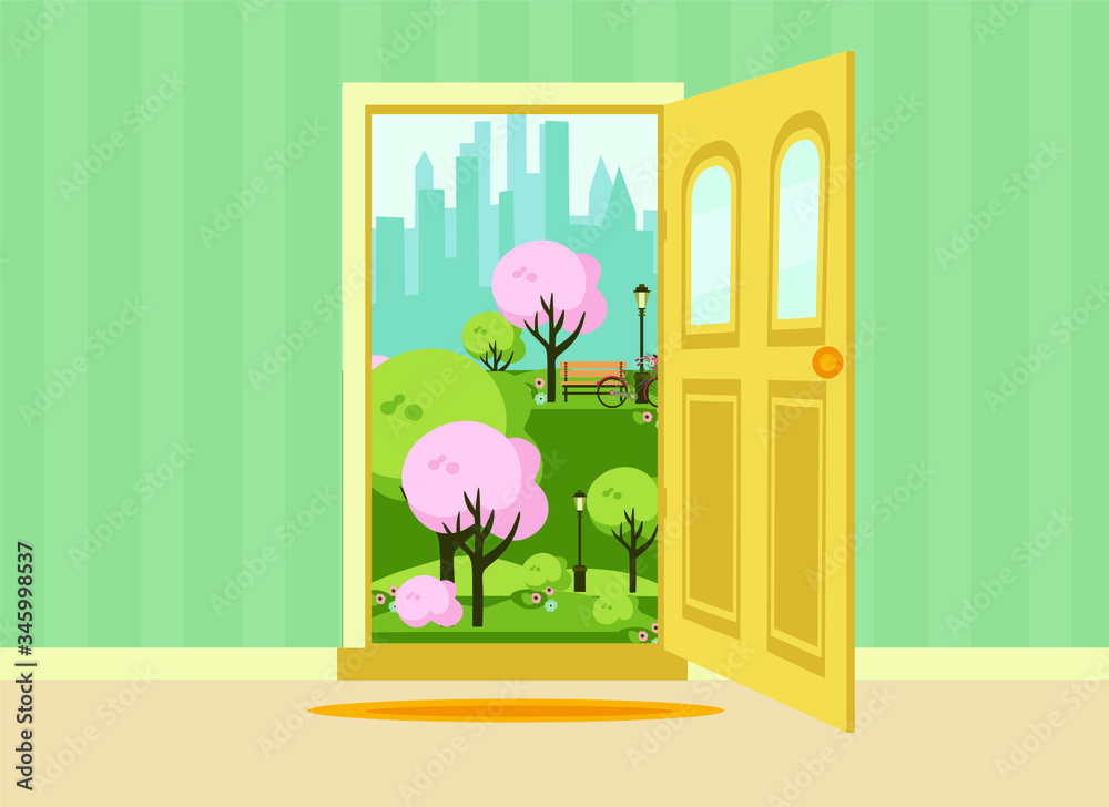 open door with spring landscape. flat vector illustration open door with spring landscape. flat vector illustration