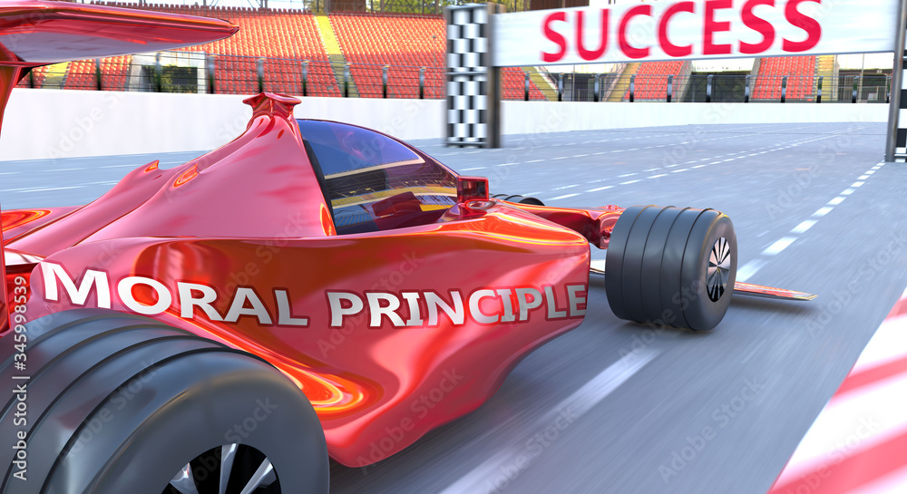 Naklejka premium Moral principle and success - pictured as word Moral principle and a f1 car, to symbolize that Moral principle can help achieving success and prosperity in life and business, 3d illustration