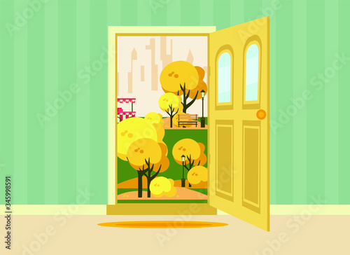 open door with autumn landscape. flat vector illustration