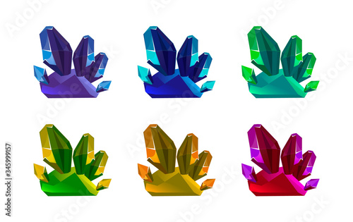 A set of magic icons for casual fantasy games. Multi-colored iridescent crystals in a cartoon style. Fancy natural stones for a fantastic world. Isolated vector icons on a white background.
