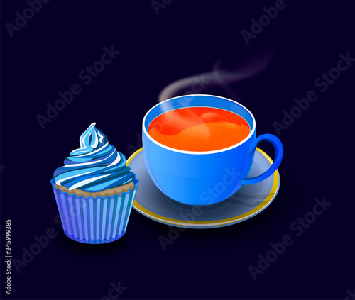 A Cup of hot tea in a small blue mug. Sweet muffin with blue cream frosting. Vector illustration for signage, web pages, and menus. Realistic icons.