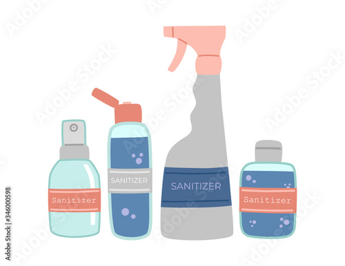Alcohol antibacterial hand sanitizer, disinfection, spray, washing gel, flat style. Covid-19, coronavirus, vector illustration, white isolated background. 
