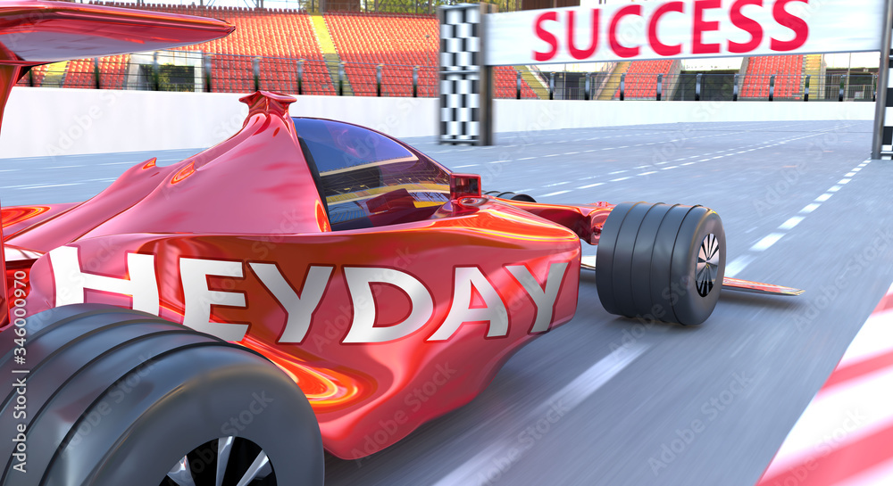 Naklejka premium Heyday and success - pictured as word Heyday and a f1 car, to symbolize that Heyday can help achieving success and prosperity in life and business, 3d illustration