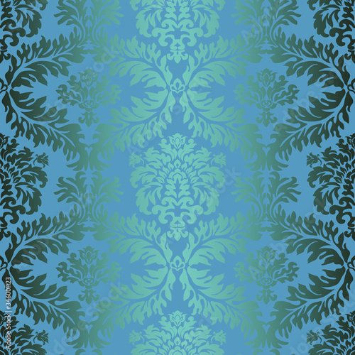 Blue shiny damask seamless floral background, delicate silk Wallpaper in the vector, exquisite fabric