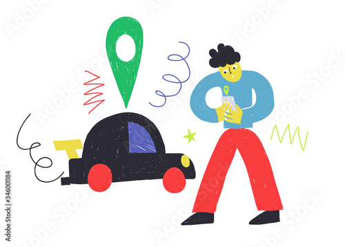 Car sharing service illustration. Man with smartphone finding and booking a car via mobile app.