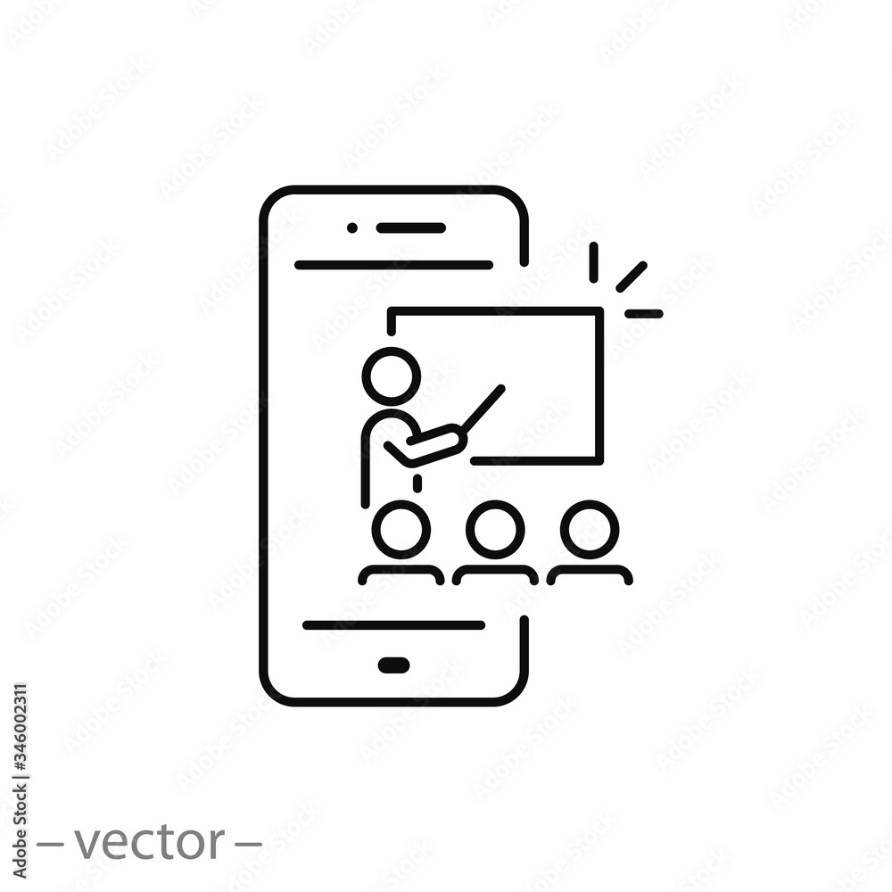 e-learning icon, distance workshop, online education, training course from smartphone, thin line web symbol on white background - editable stroke vector illustration eps10