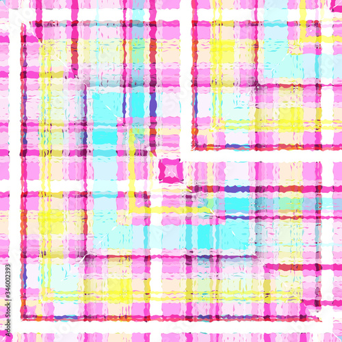 Bright abstract background, translucent intersecting careless lines and squares of white, yellow, pink and fuchsia flowers.