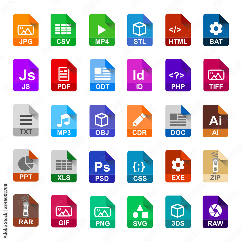 Colorful file extension icon set Stock-Vektorgrafik | Adobe Stock