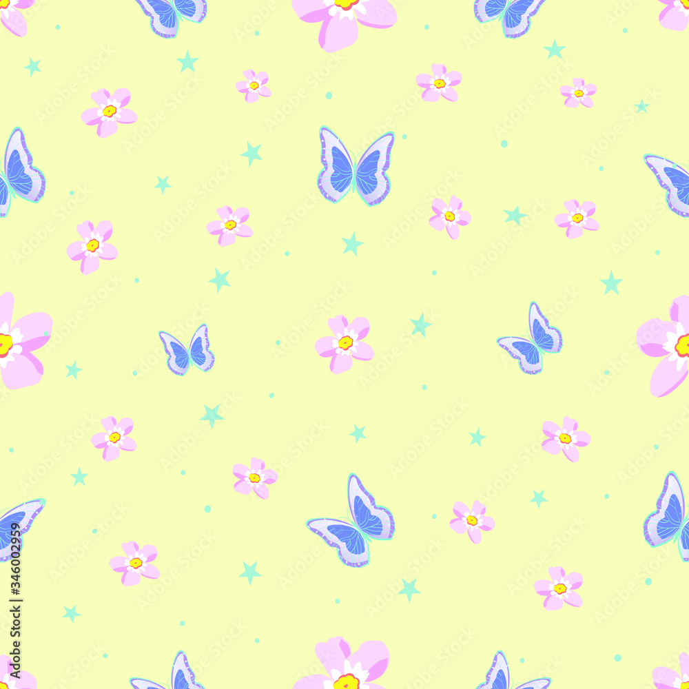 Seamless pattern with flowers and butterflies. summer soft colors for background, wrapping paper, fabric, Wallpaper, etc