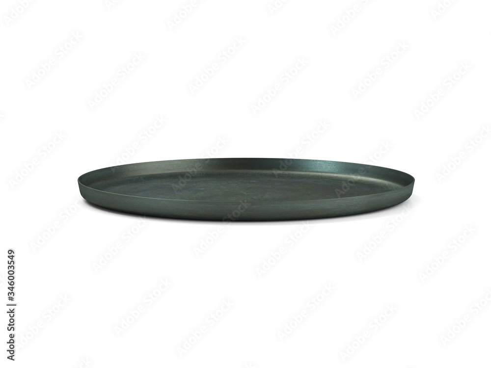 Dark pan on a white background. 3D modeling and visualization of the pan. 3D rendering. Dark pan on a white background. 3D modeling and visualization of the pan. 3D rendering.