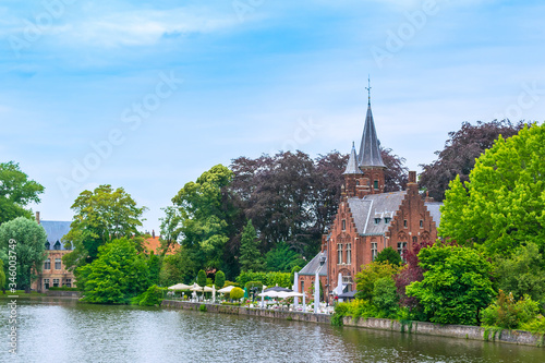 Bruges, Belgium. Kasteel de la Faille on the shore of the lake of love.