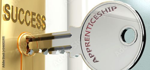 Apprenticeship and success - pictured as word Apprenticeship on a key, to symbolize that Apprenticeship helps achieving success and prosperity in life and business, 3d illustration