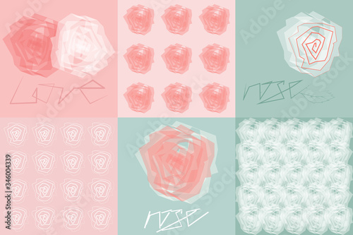 Geometric roses. Set of backgrounds and textures of geometric roses of delicate colors. Vector graphics.