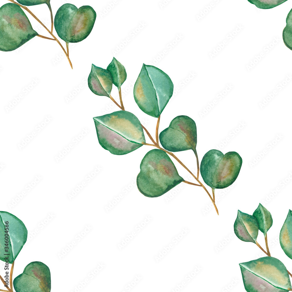 Fototapeta premium Watercolor hand painted nature greenery seamless pattern with green eucalyptus leaves on branches composition isolated on the white background, trendy botany print for design elements 