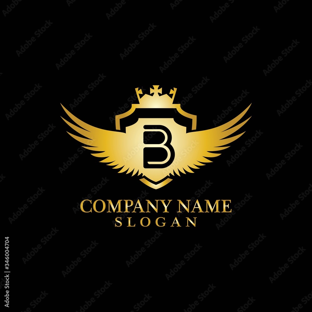 Obraz premium Letter B Shield, Wing and Crown gold in elegant style with black background for Business Logo Template Design, Emblem, Design concept, Creative Symbol, Icon