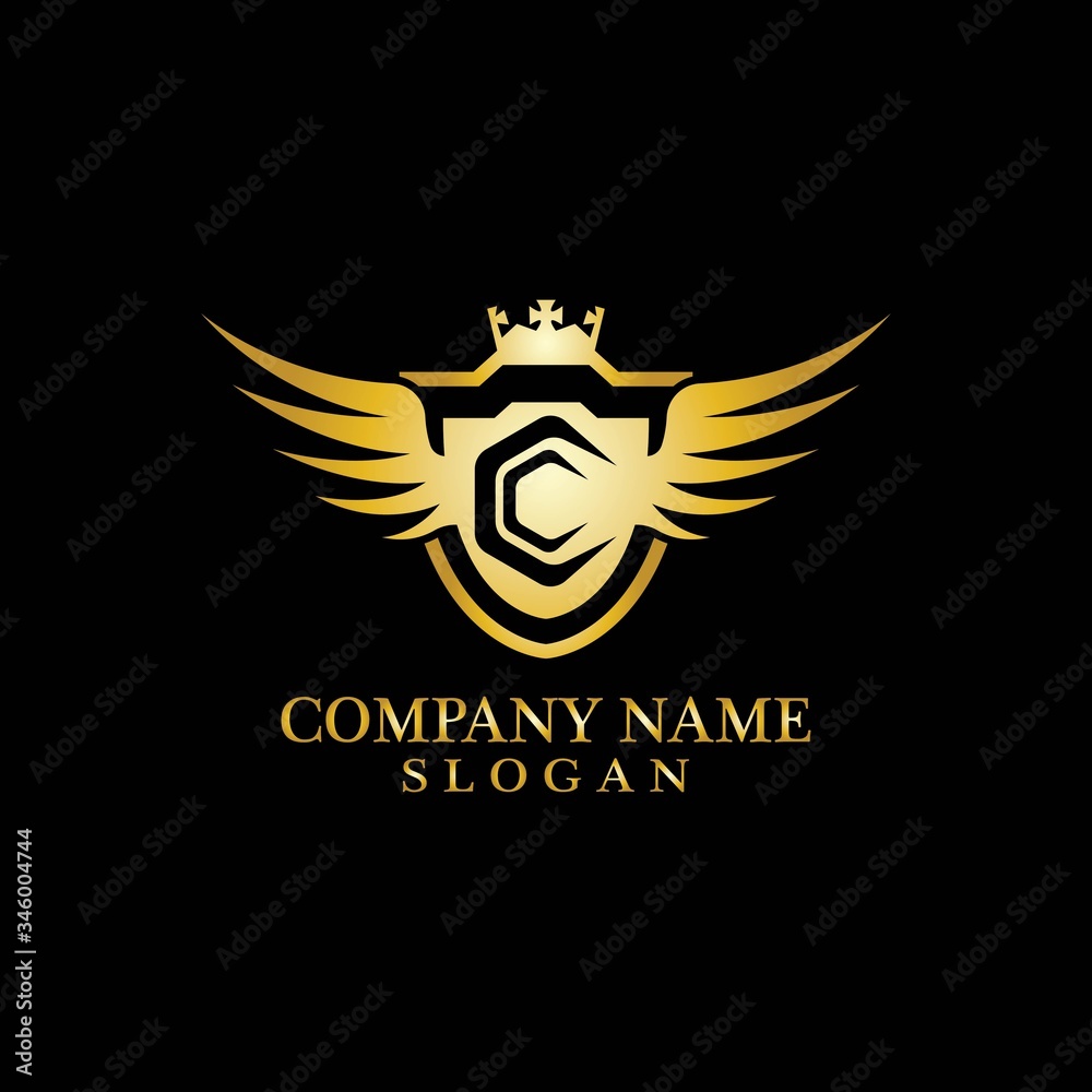 Letter C Shield, Wing and Crown gold in elegant style with black background for Business Logo Template Design, Emblem, Design concept, Creative Symbol, Icon Letter C Shield, Wing and Crown gold in elegant style with black background for Business Logo Template Design, Emblem, Design concept, Creative Symbol, Icon