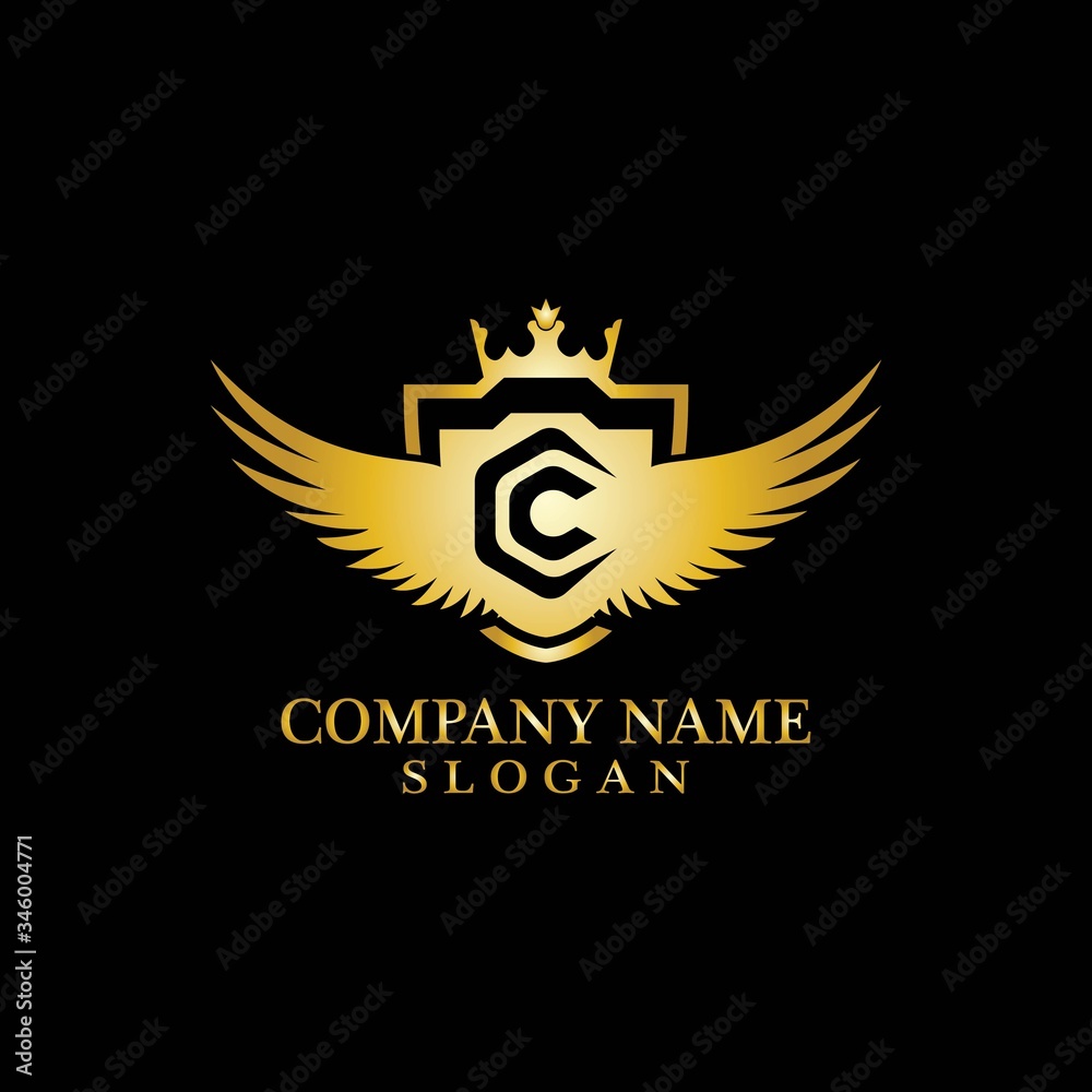 Letter C Shield, Wing and Crown gold in elegant style with black background for Business Logo Template Design, Emblem, Design concept, Creative Symbol, Icon