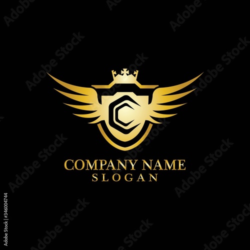 Letter C Shield, Wing and Crown gold in elegant style with black background for Business Logo Template Design, Emblem, Design concept, Creative Symbol, Icon