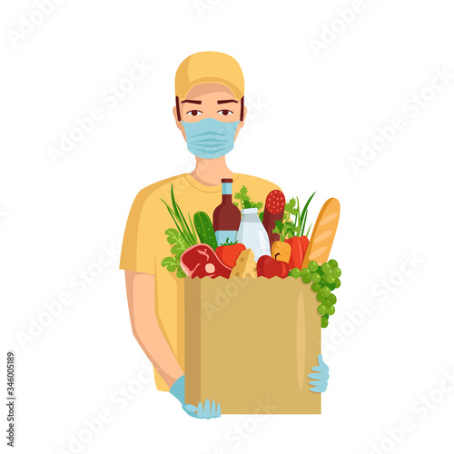 The concept of fast safe delivery of a grocery bag with meat, milk, cheese, vegetables, fruits and green from the supermarket during lockdown. Flat vector illustration of a food store in a paper bag.