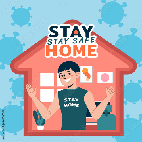 Stay safe life at home. Concept of awareness social media quarantine campaign and spread of the COVID-19 coronavirus epidemic. A man's lifestyle activity at home. Infographic icon vector.