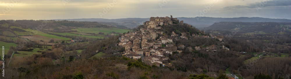 Panoramic view of the medieval town of Cordes-sur-Ciel, France