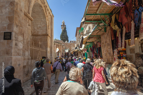 Pilgrims on the Via Dolorosa in Jerusalem, Israel