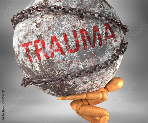 Trauma and hardship in life - pictured by word Trauma as a heavy weight on shoulders to symbolize Trauma as a burden, 3d illustration photo
