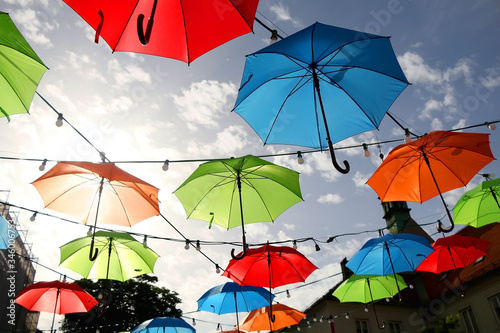 Colorful umbrellas on the street of Zagreb  Croatia. Selective focus.