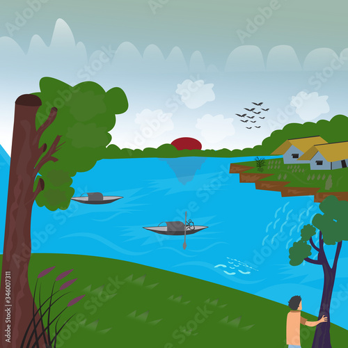 Hand drawn Nature Cartoon  landscape  illustration design, river, trees, boys and home