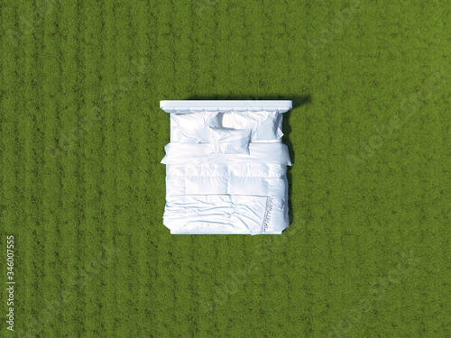 A bed with white linens stands outdoors on the grass in the meadow. White bed in open air surrounded by a landscape in a top view. Creative conceptual illustration with copy space. 3D rendering.