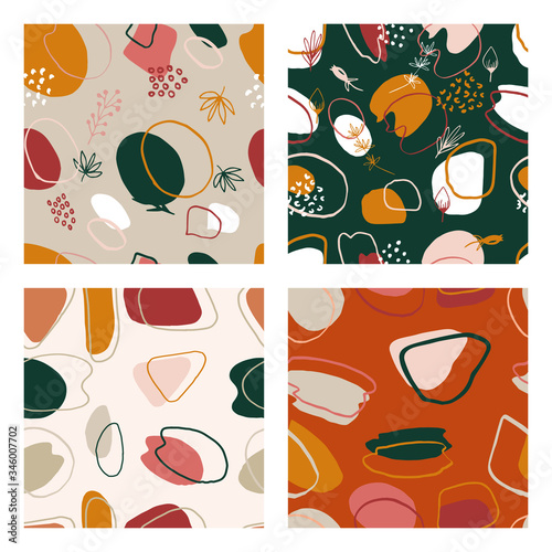 Set of four seamless patterns. Hand-drawn various shapes and decorative elements. Abstract modern fashion vector illustration.