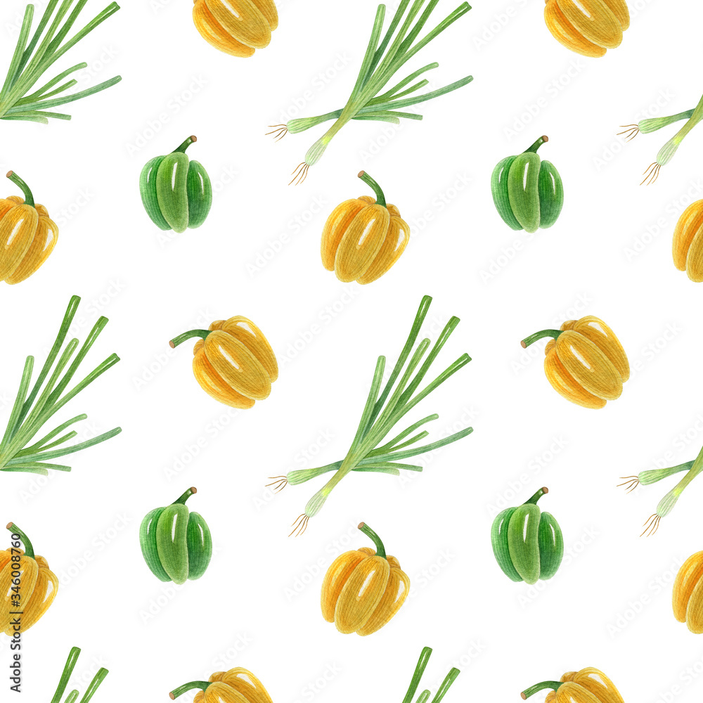 Watercolor seamless pattern with fresh vegetables on the light background. Bright cartoon illustration of bell pepper and green onion. Watercolor seamless pattern with fresh vegetables on the light background. Bright cartoon illustration of bell pepper and green onion.