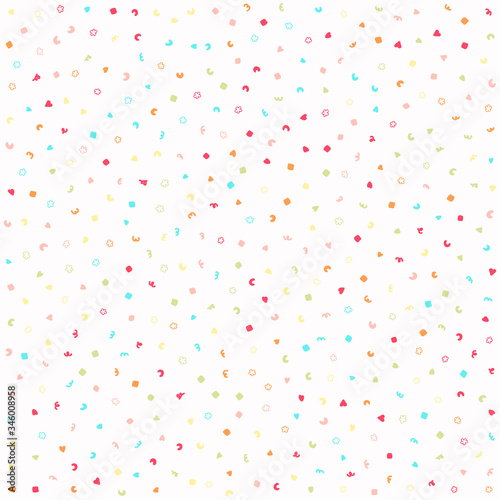 Sparse confetti dotty paper texture seamless background. Tiny colored flecked sprinkles isolated on white. Modern cute falling speckle pattern. Japanese kawaii minimal digital party scrapbook paper