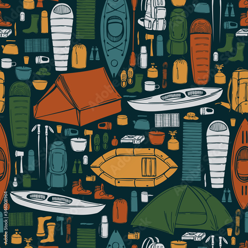 Hand drawn camping items set. Traveler backpack with survivor items and and other stuff for camping. Vector  seamless pattern