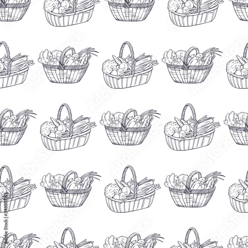 Hand drawn basket with vegetables. Vector seamless pattern.