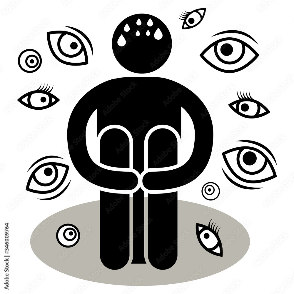 Scopophobia or scoptophobia. A man is afraid of being seen or stared at by others. Eyes Many Views. Silhouette Afraided man. Can be used as logo, icon, sticker, sign, etc.