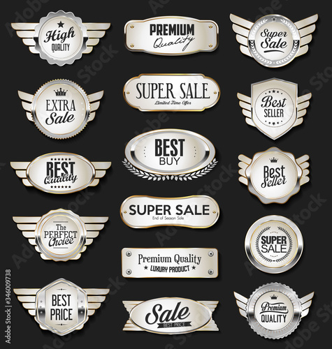 Collection of silver shields badges and labels retro style