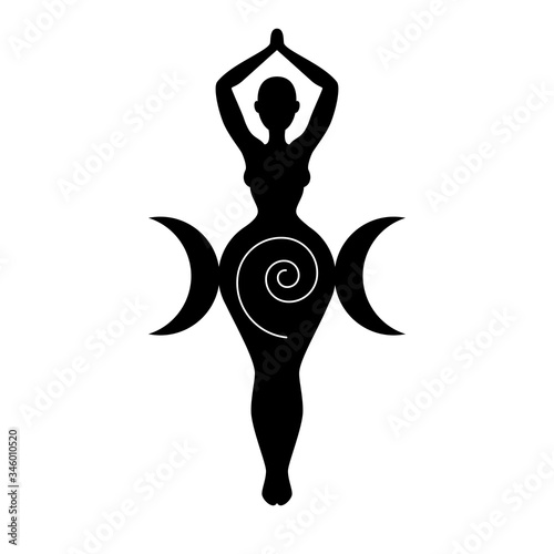 Sprial (triple) Goddess, beautiful woman figure respresenting moon cycles, fertility, feminine power. Wiccan traditional symbol. Vector illustration