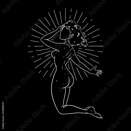 Beautiful girl on her knees, esoteric theme, peace of mind, space goddess. Vector illustration
