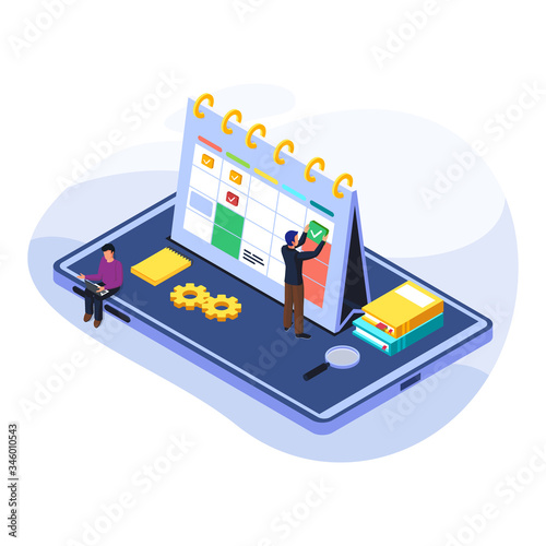 Business worker set schedule at calendar for manege their time. Isometric schedule manager application concept. Time management illustration. Vector