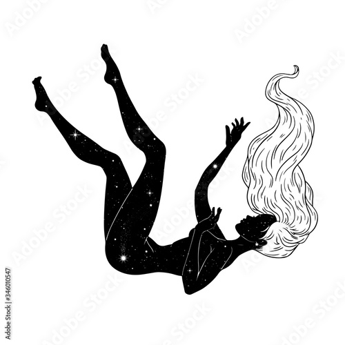 Beautiful girl floating through space, stars background, esoteric theme. Vector illustration photo