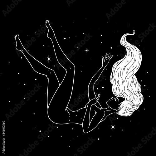 Beautiful girl floating through space, stars background, esoteric theme. Vector illustration