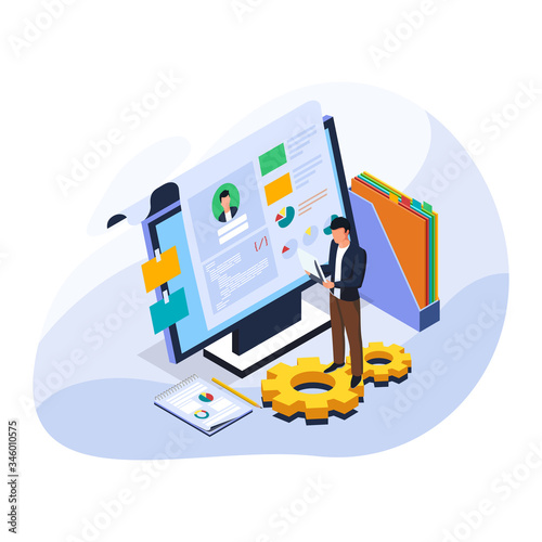 Businessman check candidate resume and information data at computer for recruiting worker. Male with computer technology. Isometric hiring and recruitment illustration concept. Vector