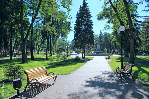 City park with pathes benches and green trees. People have a rest in city park