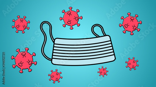 Medical protective mask, respirator and illness fatal dangerous coronavirus infection covid-19 pandemic virus molecule on a blue background