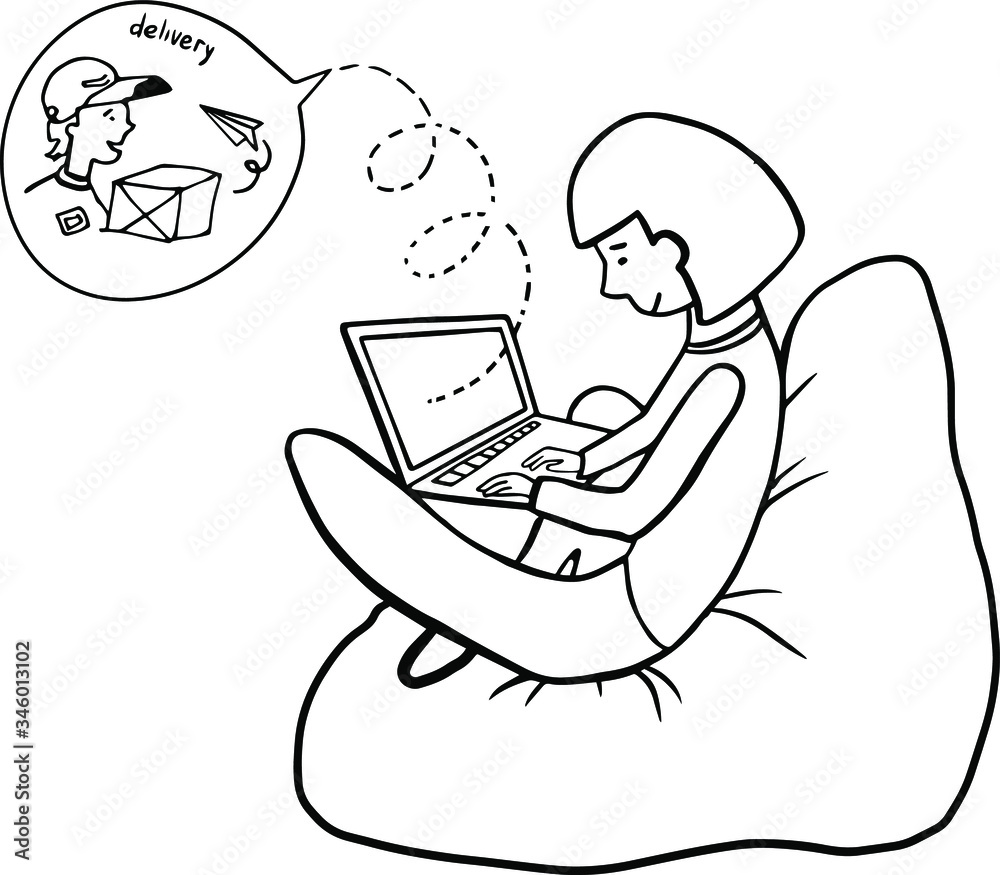 European girl works, communicates and studies at home. Food delivery services. Stay at home. Distance work. Communication, contact with the loved ones, friends. Vector illustration. For cards, posters European girl works, communicates and studies at home. Food delivery services. Stay at home. Distance work. Communication, contact with the loved ones, friends. Vector illustration. For cards, posters