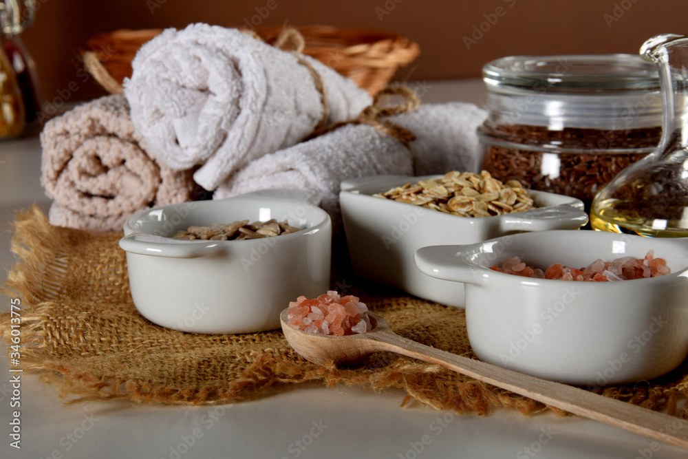 homemade body care ingredients, sunflower seeds, Himalayan salt, linseed, oatmeal homemade body care ingredients, sunflower seeds, Himalayan salt, linseed, oatmeal